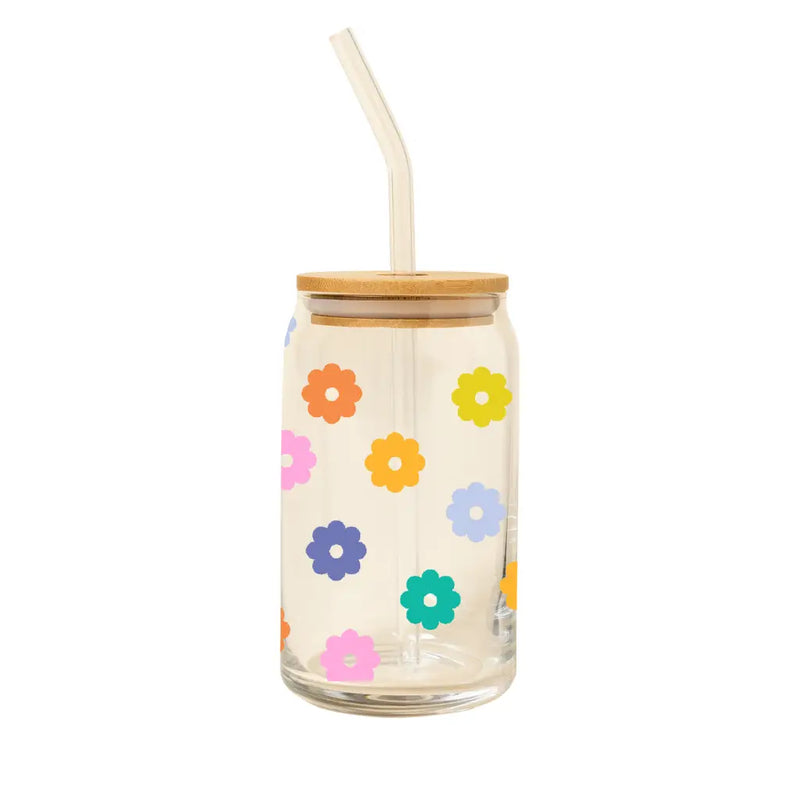 Can Glass W/Lid + Straw - Daisy