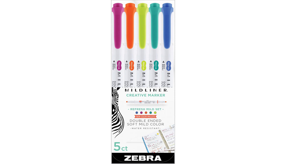 New Zebra Midliner Brush Pen & Marker Fluorescent set 5-pk Water resistant